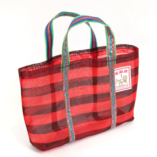 【台湾製】網エコバッグ|金獅牌(赤黒・ボーダー/細マチ)