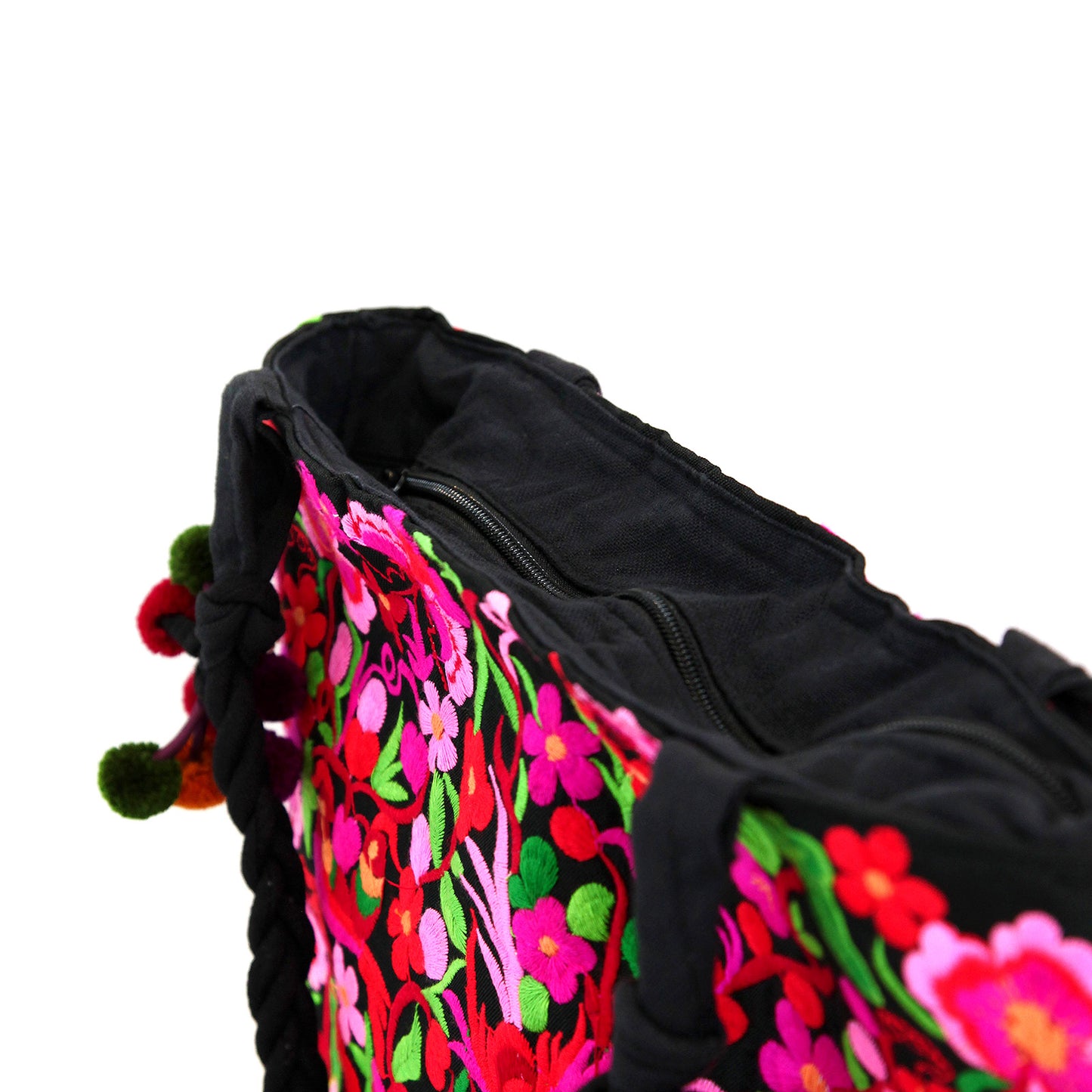 【中国・雲南省】少数民族・刺繍バッグ 黒地にピンクの花と鳥