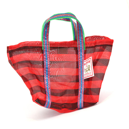 【台湾製】網エコバッグ|金獅牌(赤黒・ボーダー/マチあり)