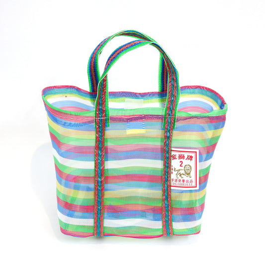 【台湾製】網エコバッグ|金獅牌(赤緑白青黄・ボーダー/マチなし)