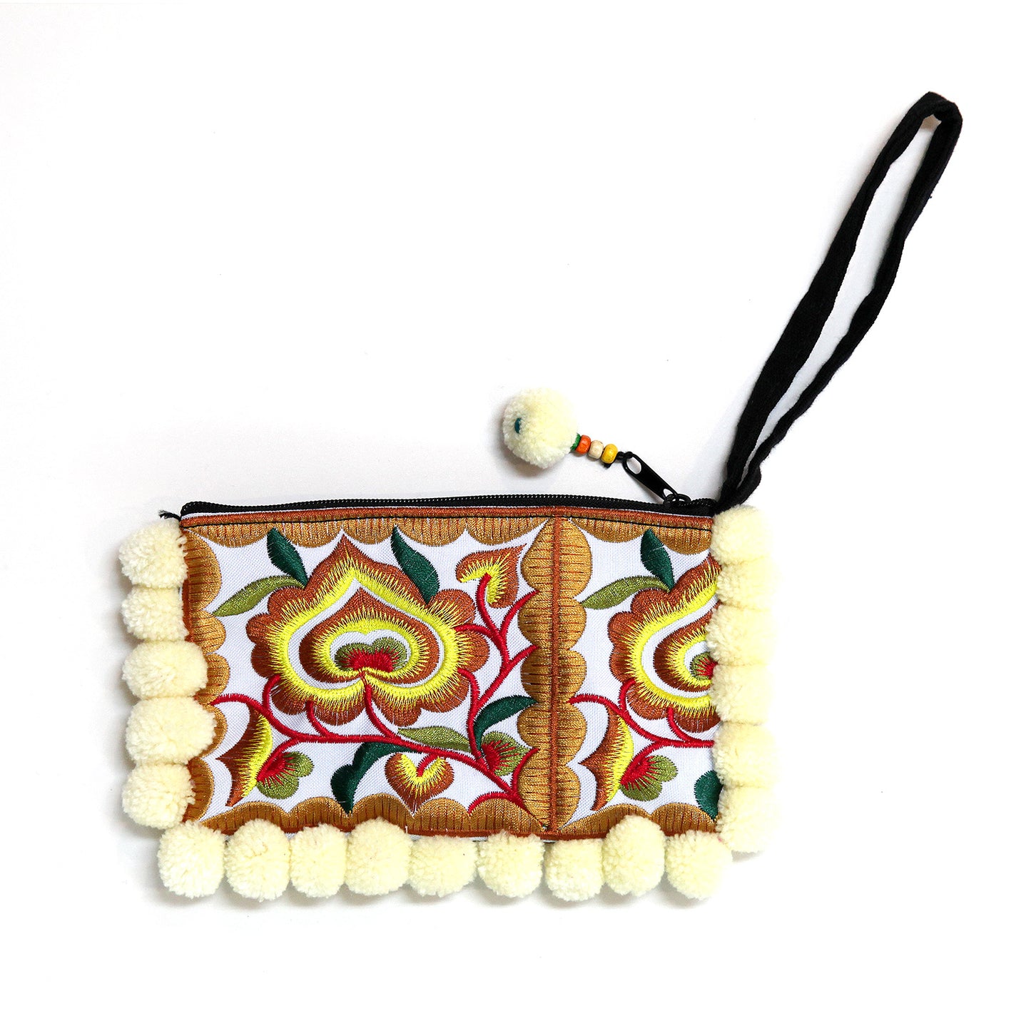 タイ製・刺繍ポーチ(ボンボン付・イエロー)