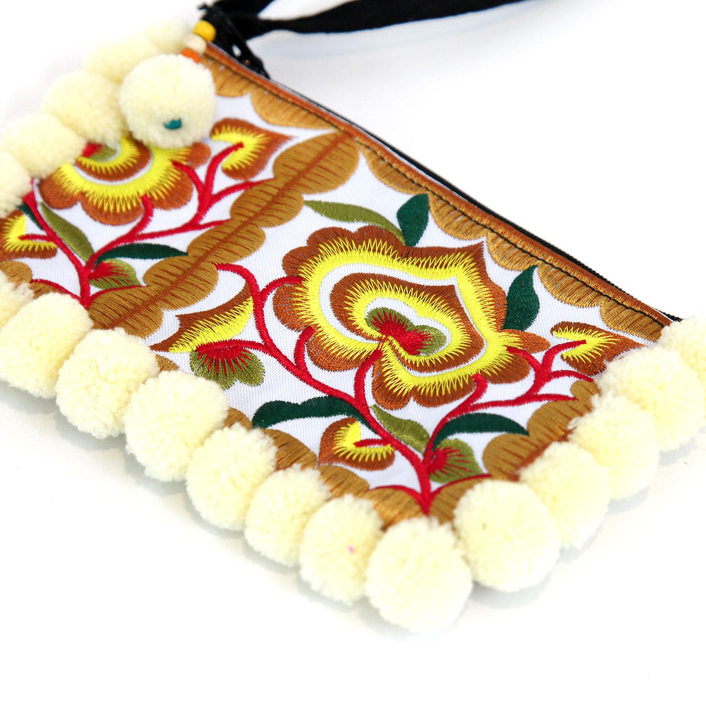 タイ製・刺繍ポーチ(ボンボン付・イエロー)