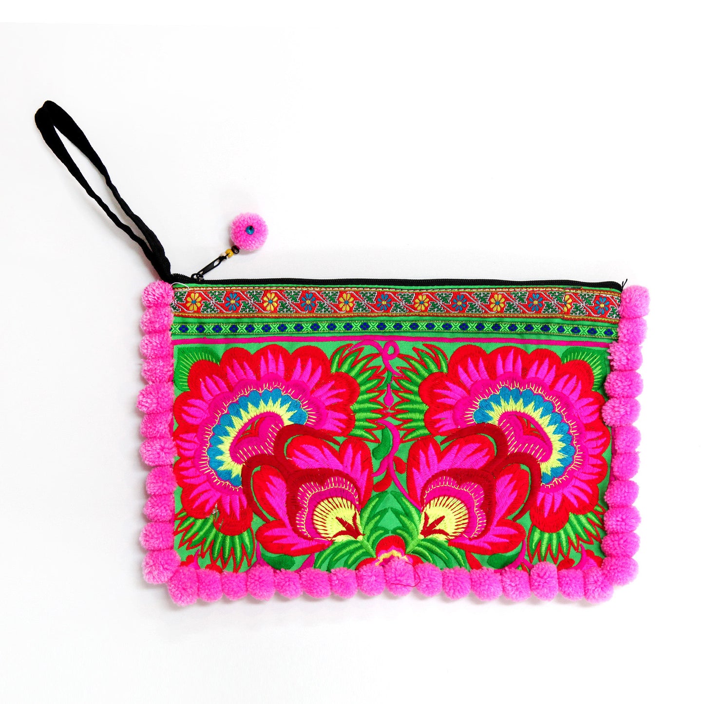 タイ製・刺繍ポーチ(ボンボン付・ピンク・大)