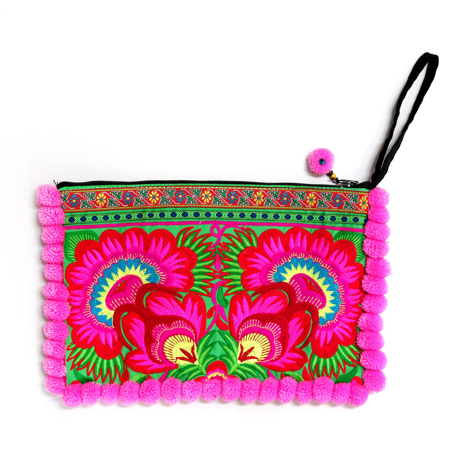 タイ製・刺繍ポーチ(ボンボン付・ピンク・大)