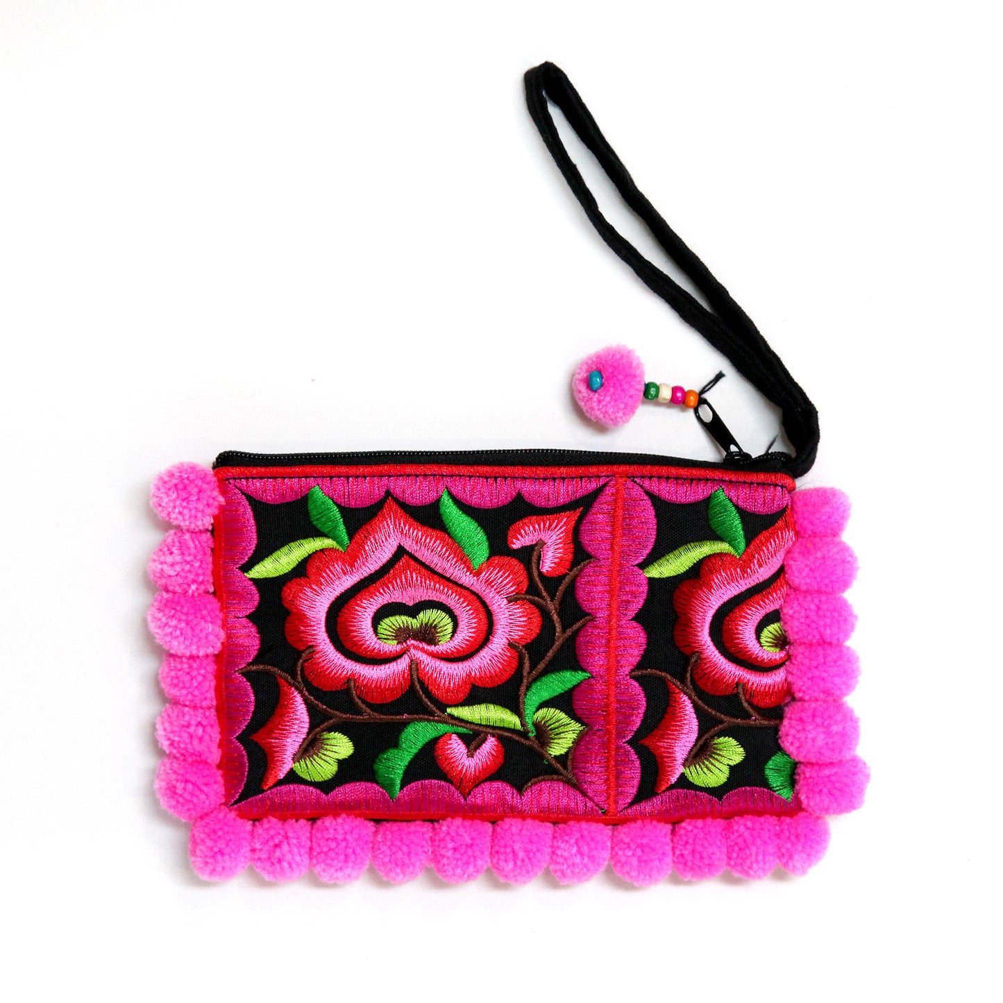 タイ製・刺繍ポーチ(ボンボン付・ピンク)