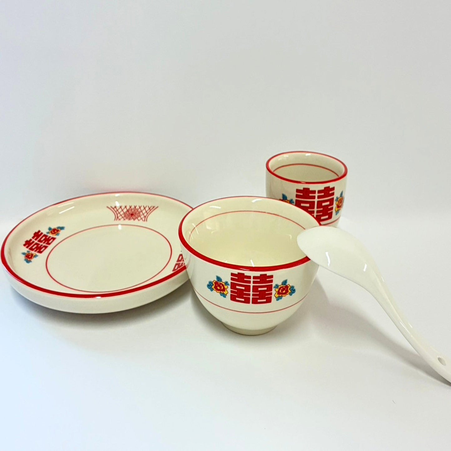 囍（ダブルハピネス）柄 中華食器 4点セット