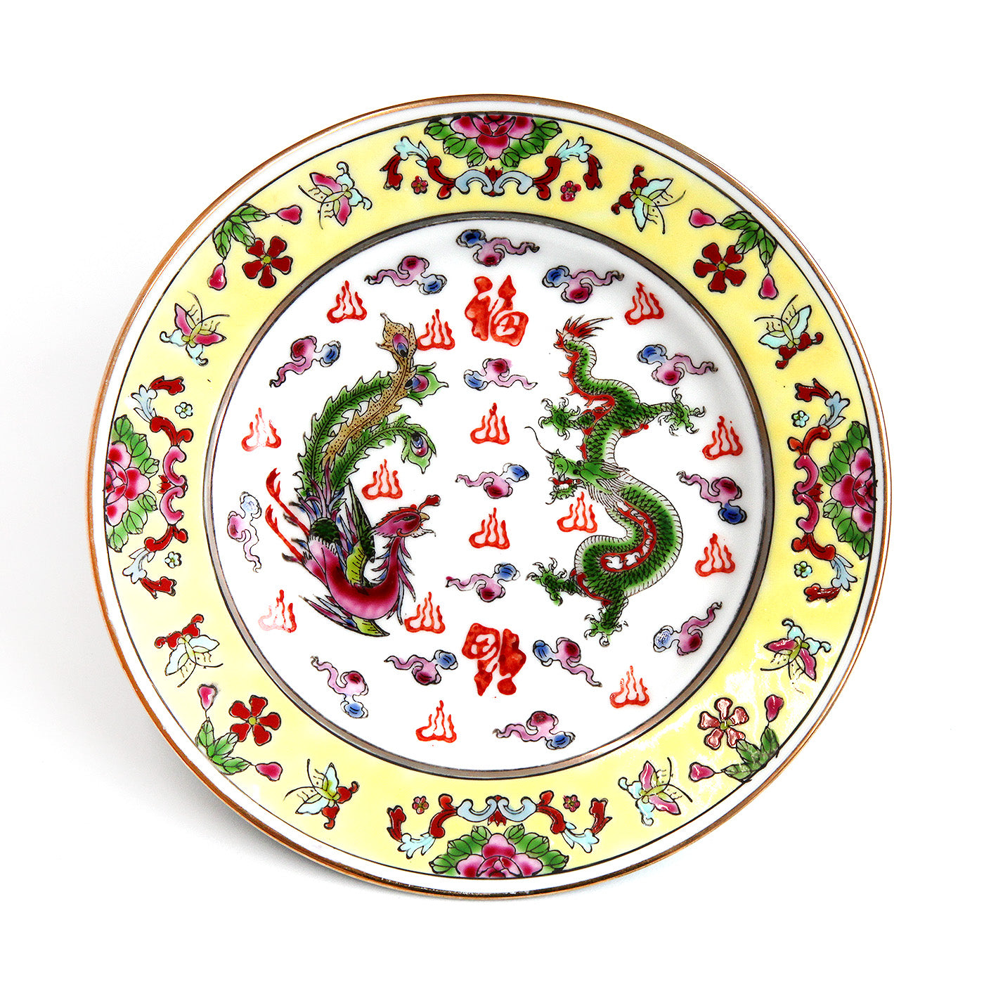 絵皿・緑の龍と朱色の鳳凰