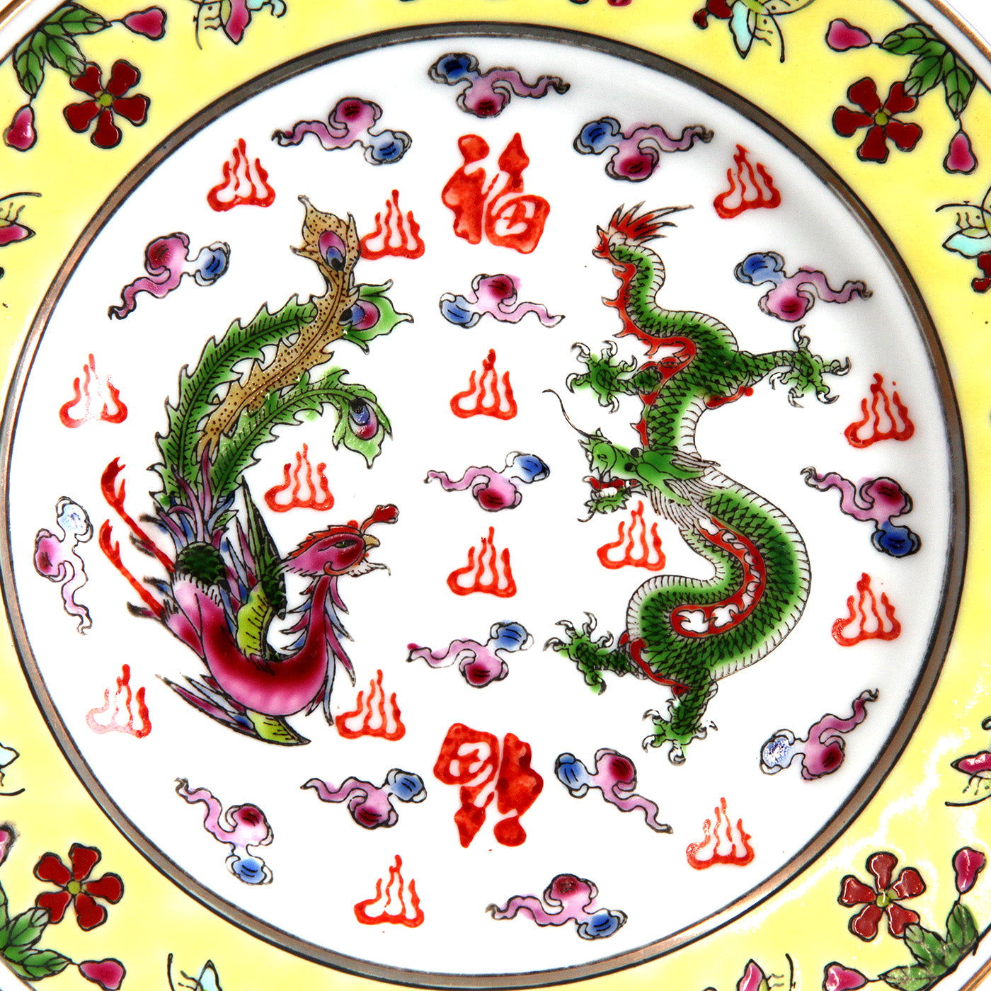 絵皿・緑の龍と朱色の鳳凰