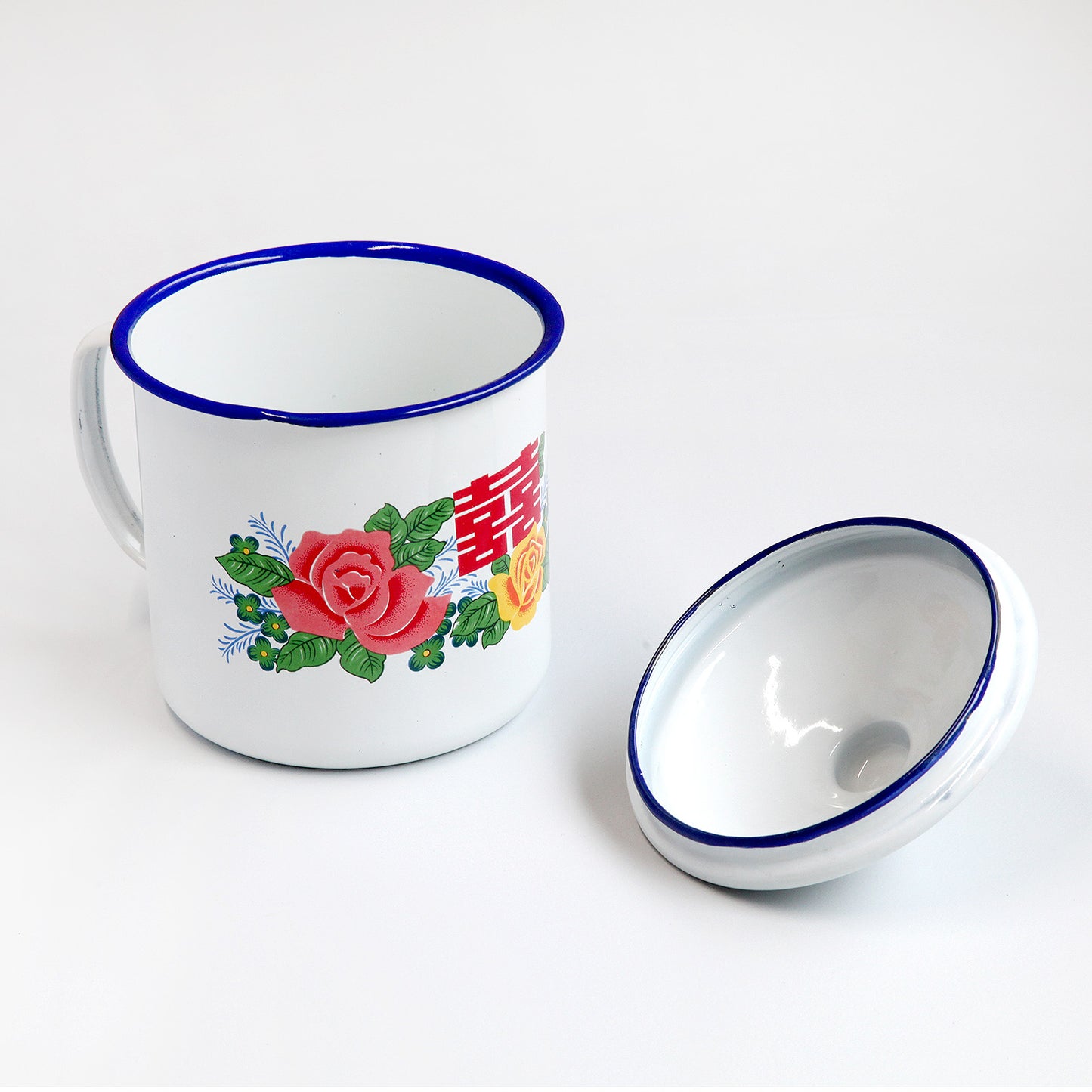 ホーローマグカップ 蓋付（赤と黄色のバラとダブルハピネス）