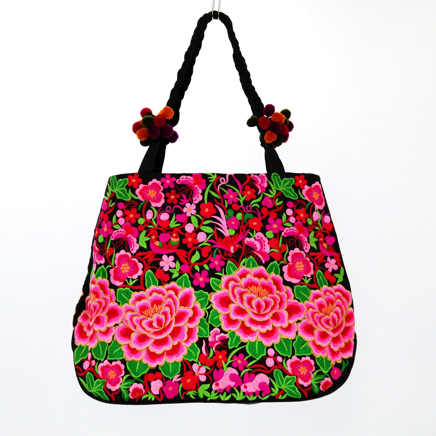 【中国・雲南省】少数民族・刺繍バッグ　黒地にピンクの花と鳥