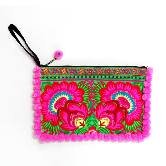 タイ製・刺繍ポーチ（ボンボン付・ピンク・大）