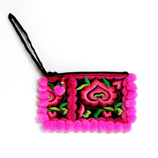 タイ製・刺繍ポーチ（ボンボン付・ピンク）