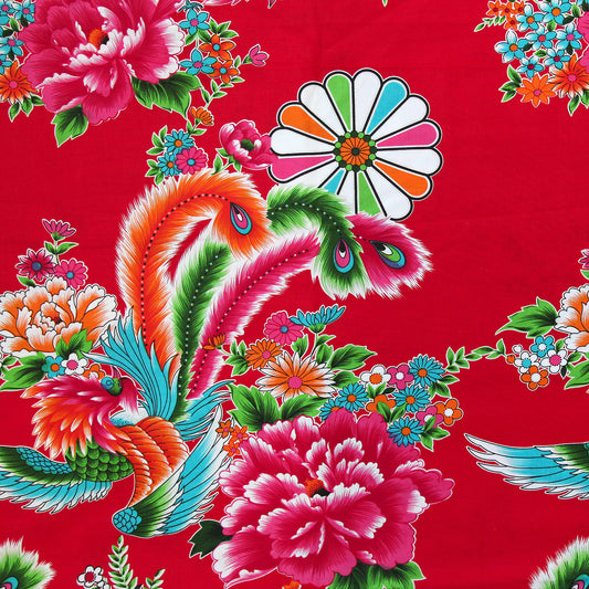 台湾花布・牡丹と孔雀（赤）