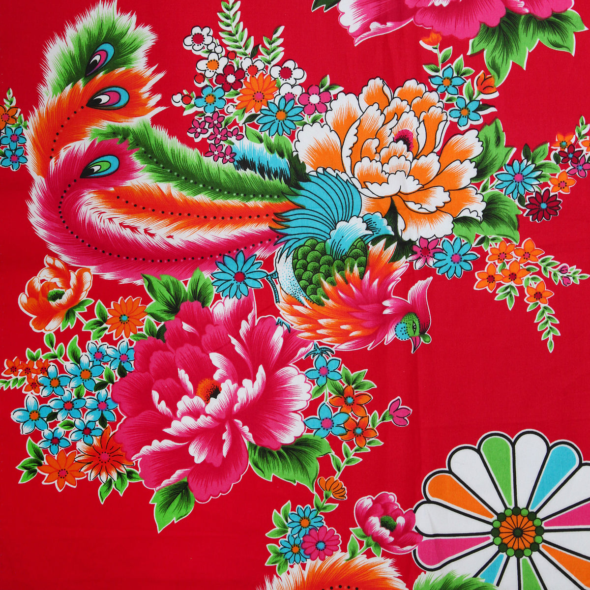台湾花布（赤）花と孔雀