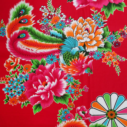 台湾花布（赤）花と孔雀